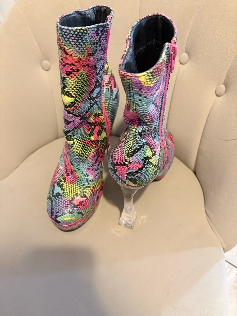 Multicolor Snake-Print Clear-Heel Mid-Calf Boots